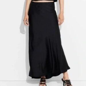 MAXI SKIRT Satin Black with Elastic Waistband Flared WILD FABLE Womens Medium